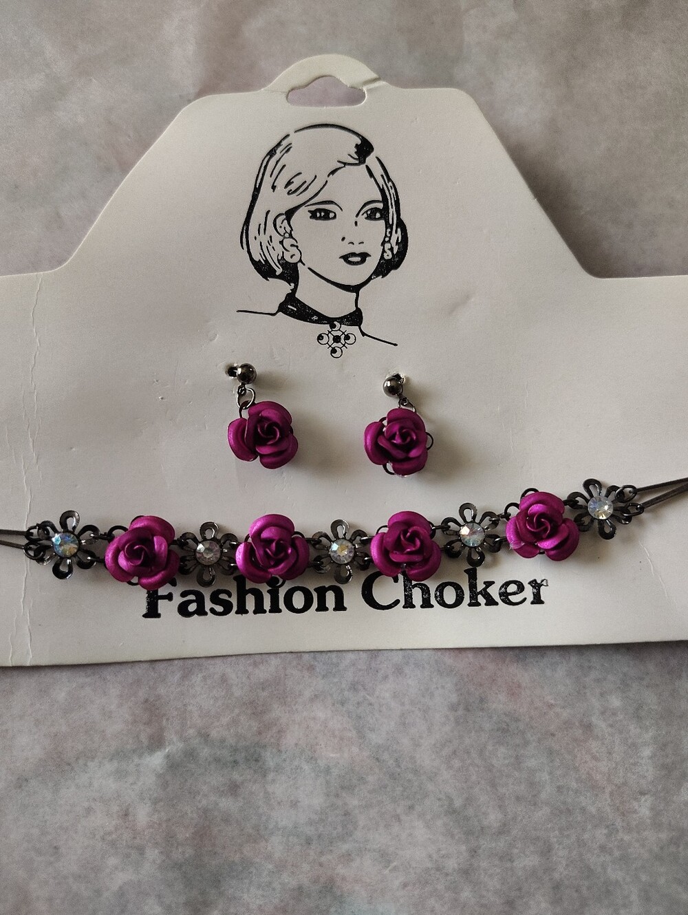 Y2K Whimsigoth Magenta Pink Rose Choker Necklace Earrings Set Rhinestone